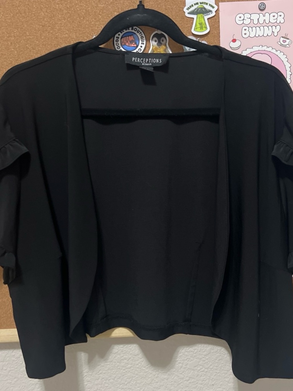 Perceptions Women’s Black Open-Front Sweater 1x ruffle